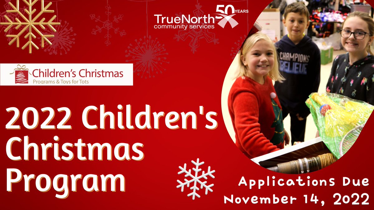 TrueNorth_CS's tweet photo. Applications for the 2022 Children's Christmas Program are now open! You can find applications at the TrueNorth Service Center, local Newaygo County Schools, and online at https://t.co/ybim5oyV3i!
#TrueNorthServes #MovingMichiganForward #50YearsStrong #CCP #ChildrensChristmas https://t.co/PcFtfwn5DR
