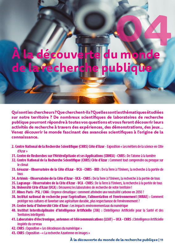 ⚙️🌱[VILLAGE DES SCIENCES ET DE L'INNOVATION]
▶️ "À la découverte du monde de la recherche publique" : intelligence artificielle pour la santé et des territoires intelligents, de l'atome à la lumière, etc.
📅15/16 oct.
✅ Gratuit
📍Palais des Congrès de Juan-les-Pins
