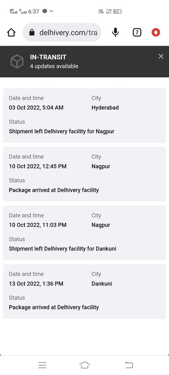 asifnwz92's tweet photo. Tracking No.5963370746384
Flipkart Shipped on 27th oct through Delhivery Logistics and even after 17 days the courier is in Dankuni. Worst Service Delhivery 👎👎👎
@Flipkart @flipkartsupport @delhivery @DelhiveryLtd @amazonIN @Logistics_MoCI https://t.co/79S6N2JERR