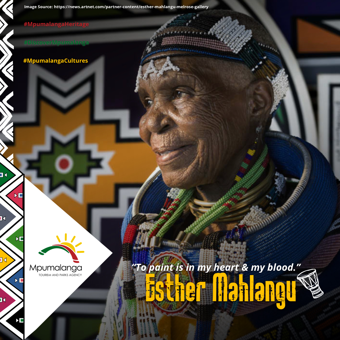 Mtpatourism's tweet photo. Born in 1935 in Mpumalanga, Esther Mahlangu has devoted her life to sharing cultural Ndebele heritage with the world through vibrant traditional paintings &amp; murals. 

Today, Esther’s work is shown off in private, corporate &amp; public galleries around the world. #DiscoverMpumalanga https://t.co/WlkZaAgbTl