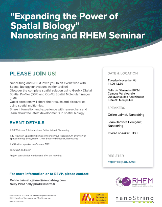 RHEM_Biocampus's tweet photo. @nanostringtech se joint à nous - le 08 nov 2022 - pour vous proposer le séminaire intitulé "Expanding the Power of Spatial Biology" à l'@IRCM_MTP !
Inscription gratuite et obligatoire: https://t.co/DcyFgCK9J8. 🟢 https://t.co/nRwcfaQHtf