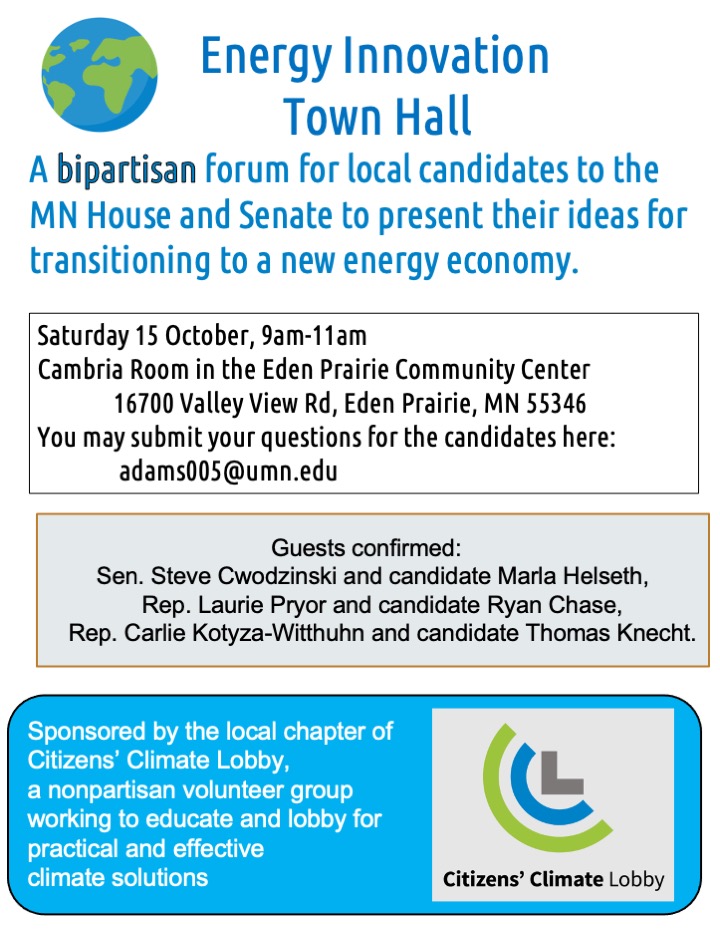 gj727n's tweet photo. Looking forward to listening to MN District 49 candidates @CwodMN , @MarlaHelseth , @lauriepryor , @chaseformn , @carlieforhouse and @knechtformn at the Energy Innovation Town Hall on Saturday.  Hope to see you at the forum. https://t.co/qomqr7XVBx