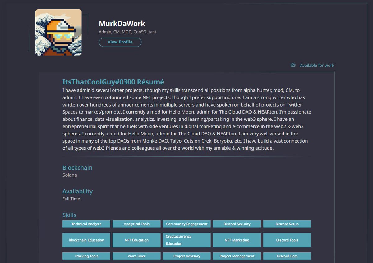 SolfulNFT's tweet photo. If you're looking for a community manager and a ConSOLtant you're in the right place!
Check out MurkDaWork's resume:
https://t.co/TdRAsGRZv8
#web3jobs #web3resume #nftjob #nftjobs https://t.co/56kC17B1uS