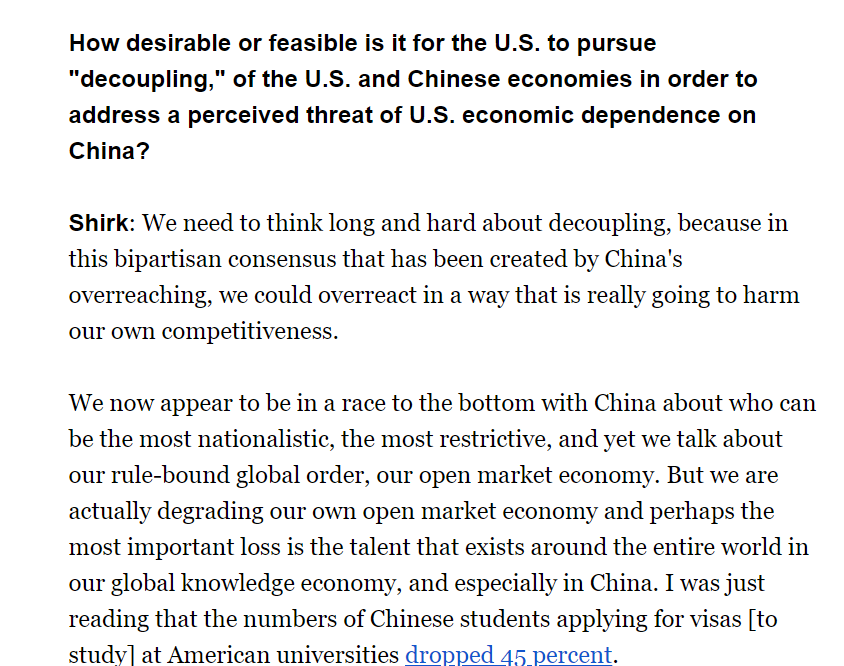 YES, hear this 🔊

"We now appear to be in a race to the bottom with China about who can be the most nationalistic... and yet we talk about our rule-bound global order" 

- Susan Shirk