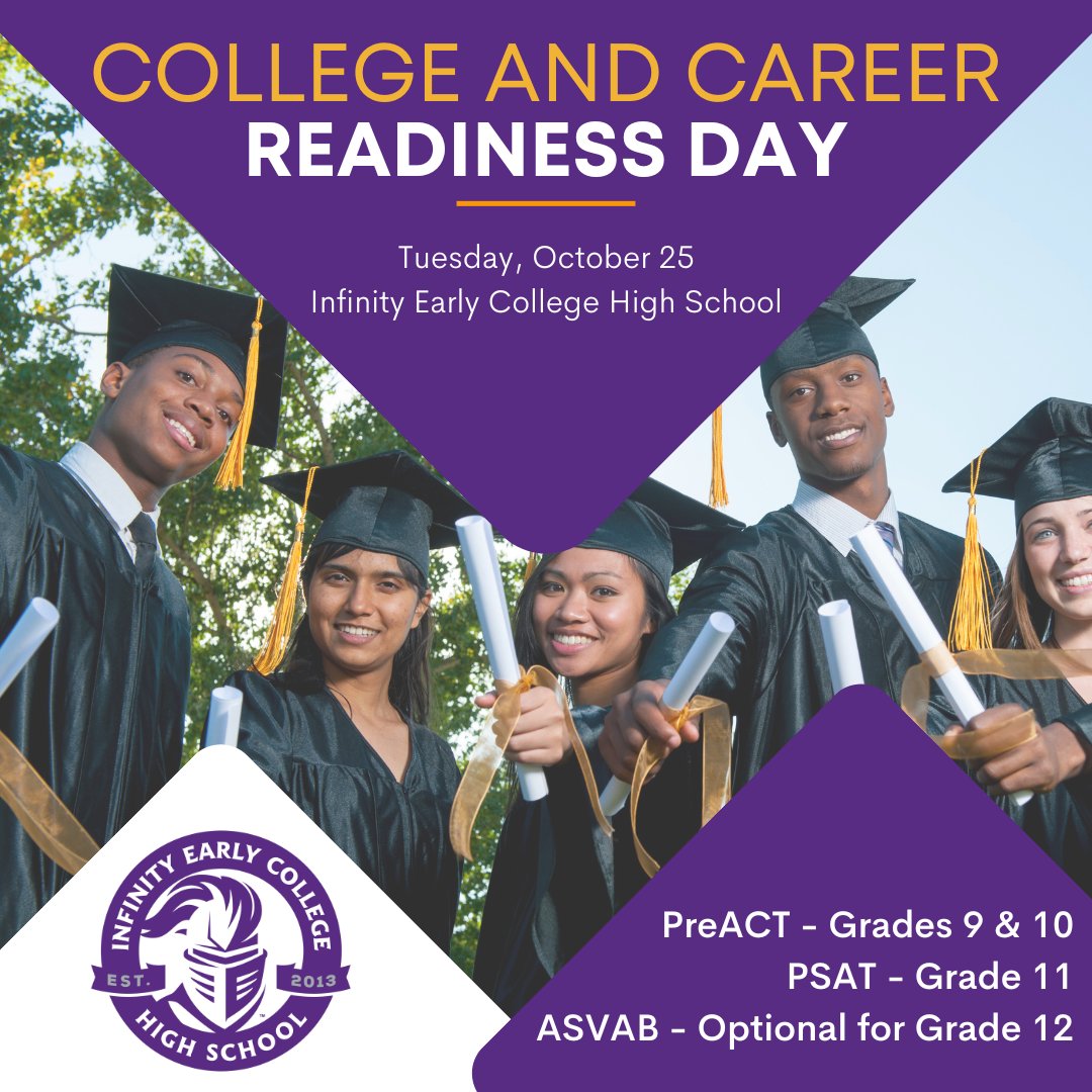 College and Career Readiness Day is October 25 at Infinity. Grade 9-10 will take PreACT, Grade 11 will take PSAT, and grade 12 has option to take ASVAB. Check email and Canvas announcements for details. #TCOB #NCISD
