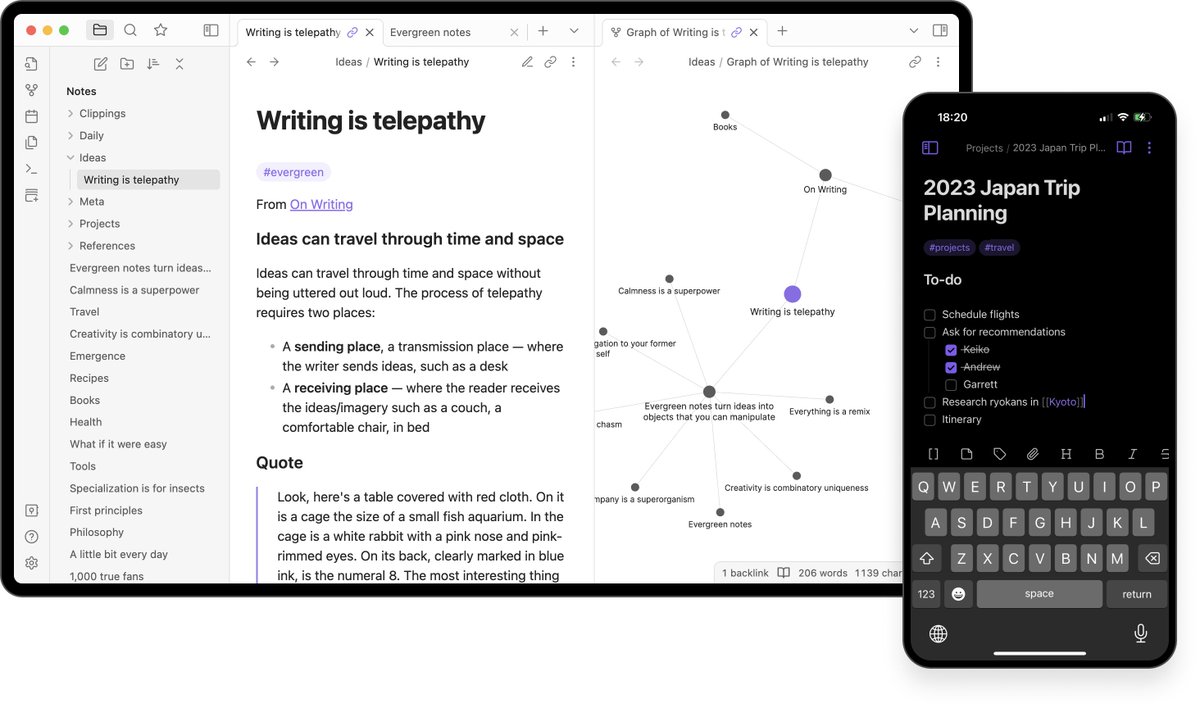 Obsidian 1.0 is live! 1.0 brings a complete redesign to desktop and mobile. Plus, a new way to browse your second brain: tabs. Tabs make it easier to explore many ideas at once. Learn more: obsidian.md/1.0