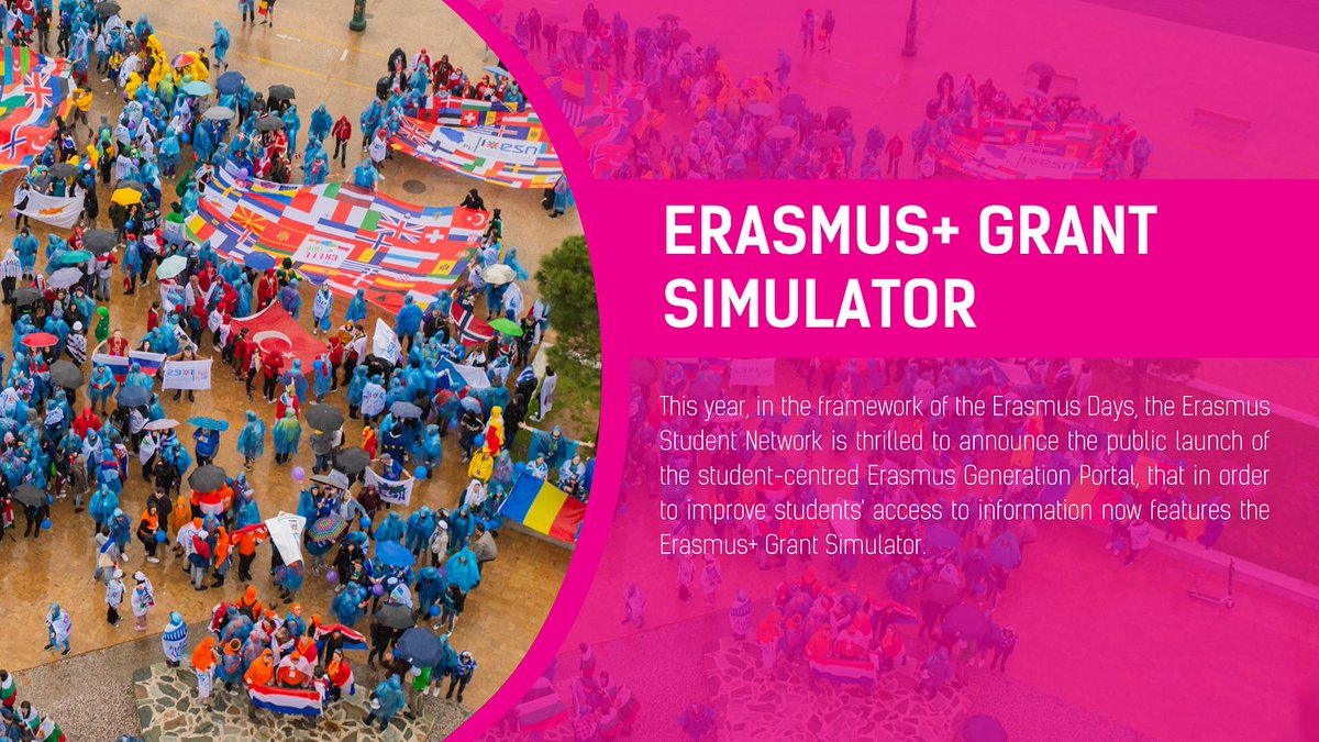 ESN_Int's tweet photo. For this year's #ErasmusDays, we are excited to announce the newest feature on our https://t.co/Oz2T2fL6xx portal, the #Erasmus+ Grant Simulator which allows students to know the estimated size of their grants. 🙌
Read more on https://t.co/ZhgnB9ai3t 🌍 https://t.co/o7iVkvko9j