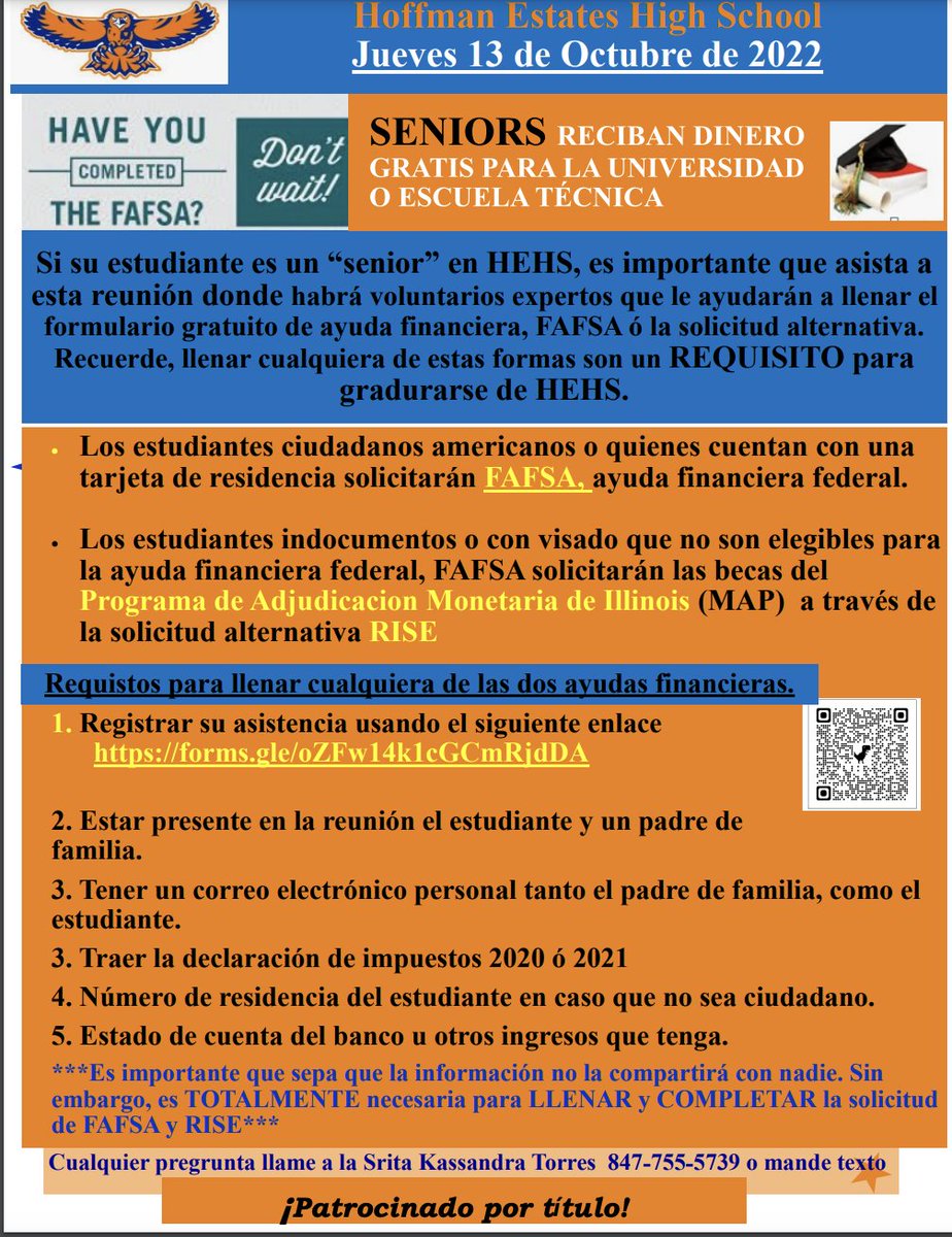 ¡HOY! Seniors, los esperamos en nuestra Reunión de Padres Latinos para completar FAFSA o la Solicitud Alternativa de Ayuda Financiera. @HEHSHawks #FAFSA #AyudaFinanciera forms.gle/oZFw14k1cGCmRj…