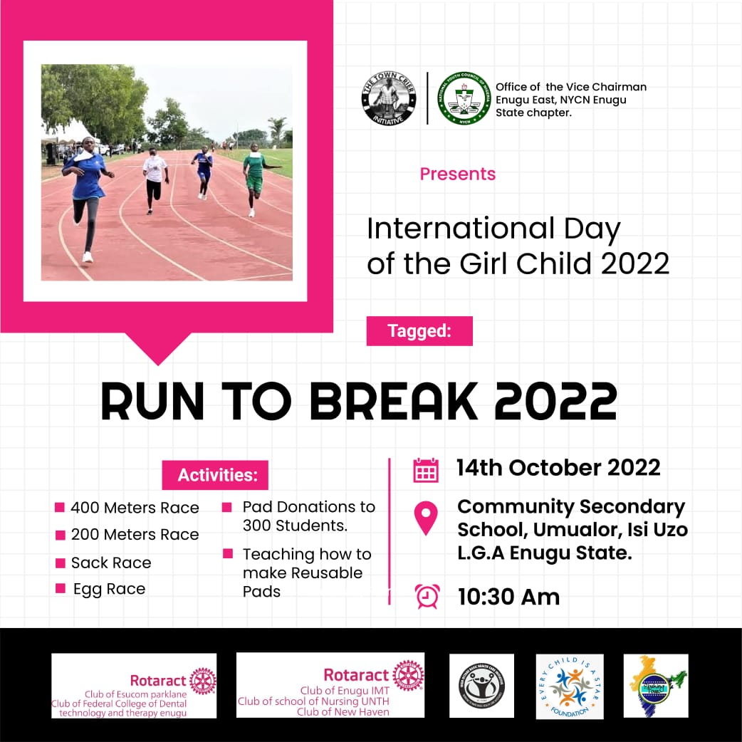 ogene_ogbodo's tweet photo. In honour of #dayofthegirl 2022, #TownCrierInitiative &amp; partners will tomorrow Friday 14/10/2022 hosting a #Run2Break activities focused on using Sports in engaging girls &amp; boys in generating discussion around silence surrounding menstruation 🩸 at CSS Umualor &amp; JSS Karu Abuja https://t.co/eJmkMVen1Z