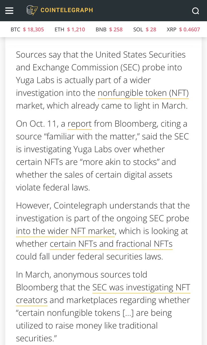 CapetainTrippy's tweet photo. Lots of click bait headlines about @yugalabs specifically getting probed, but now seeing info it’s actually just part of a wider probe into NFTs the SEC started back in March. https://t.co/12NItQZXsT