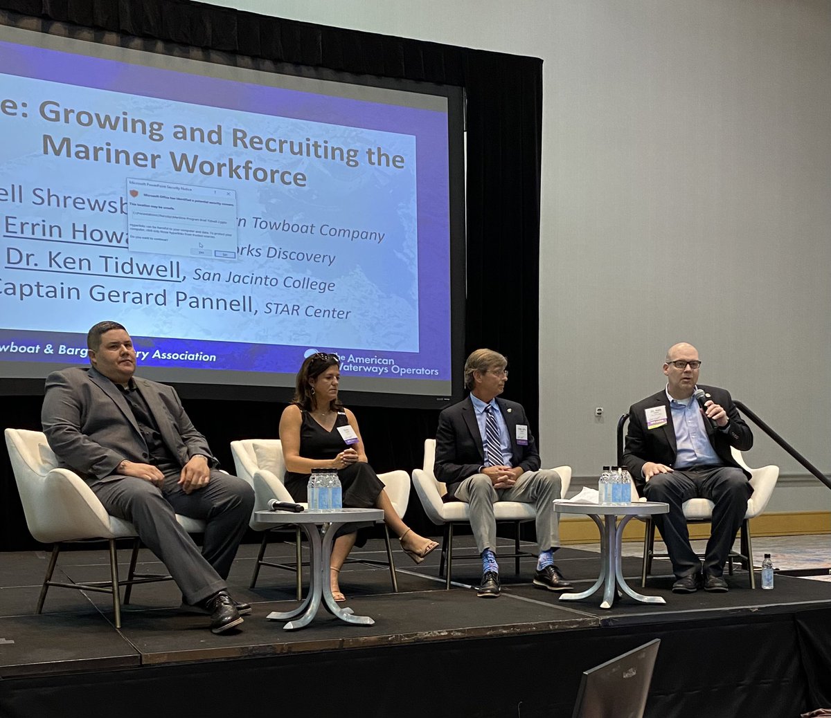 AWOAdvocacy's tweet photo. Today’s first panel at #AWOFallConvention is focused on workforce recruitment and retention and features Russell Shrewsbury with Western Towboat, Errin Howard with @RiverWorksD, Dr. Ken Tidwell with @SanJacCollege, and Captain Gerard Pannell with STAR Center https://t.co/WSV03L0NQV