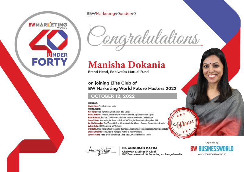 BWBusinessworld's tweet photo. Congratulations @dokania30, Brand Head,@EdelweissMF Edelweiss Mutual Fund on joining the Elite Club of BW Marketing World Future Master 2022 

#BWMarketing40under40

@anuragbatrayo @tanvieahuja @NFWarsia
@RenAameen @ReshamSuhail @yuuktaaraj https://t.co/2ZTuIlNX6I