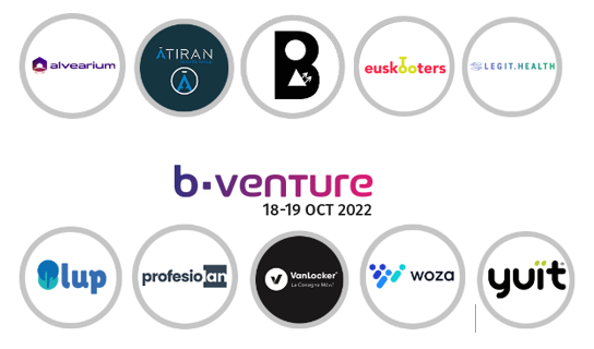 #BizkaiaEgiten 

📣<a href="/BVentureBilbao/">B-Venture</a> cada vez más cerca, este año con la participación de 10 startups de Bizkaia: 

<a href="/alvearium_/">Mark de Beij</a> #Atiran #Baea <a href="/LegitHealth_/">Legit.Health</a> #Lup <a href="/profesiolan/">Profesiolan</a> <a href="/euskooters/">Euskooters</a> <a href="/VanLockerESP/">VanLocker: La Consigna Móvil</a> <a href="/wozalabs/">Woza Labs</a> #Yuït

🗓️18 - 19 octubre <a href="/Euskalduna_eus/">Euskalduna Bilbao</a> 
ow.ly/vWJK50L93nB