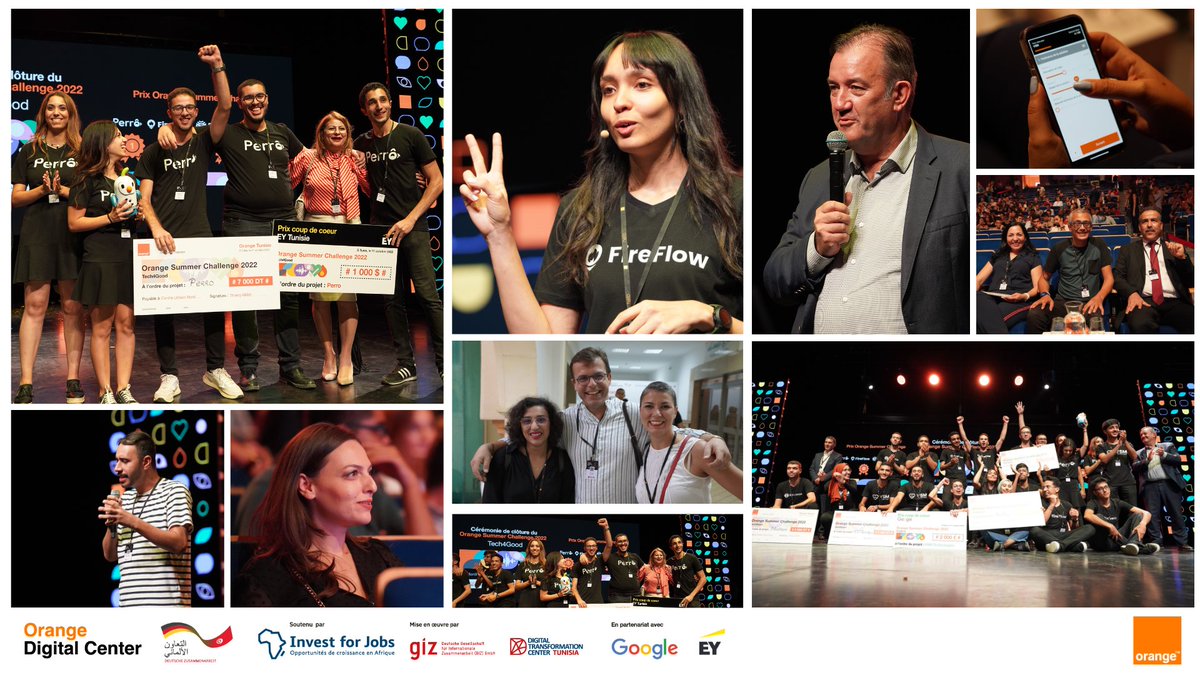 OrangeTN_Plus's tweet photo. Une 12ème édition sous l'emblème de l'Innovation 💡 le Challenge 💪 et la Célébration🎉... Vivez l' #OSC2022 en 📸!
Félicitations à toutes les équipes gagnantes et un grand merci à nos partenaires @GIZ_Tunisie  @EYTunisia et @Google. #PERRO🥇 #FIREFLOW 🥈  #BLINDVERSE 🥉  #VSM🏅 https://t.co/7NI94wbwYP
