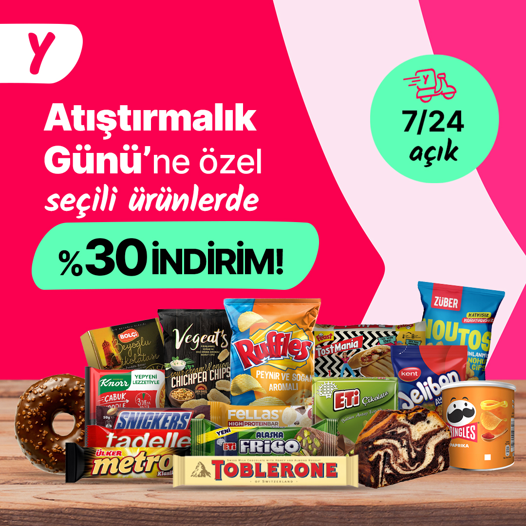 Beklediğin indirim başladı!😍 Bugüne özel seçili atıştırmalıklardaki %30 indirim Yemeksepeti Market’te seni bekliyor.🍿🍫