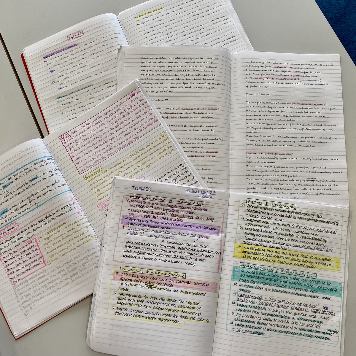 SRAEnglishDept's tweet photo. GCSE English Literature students have been demonstrating their curiosity aspiration in their investigation of thematic ideas in #macbeth. Look how beautiful these revision pages are! https://t.co/X0Act8xmbA