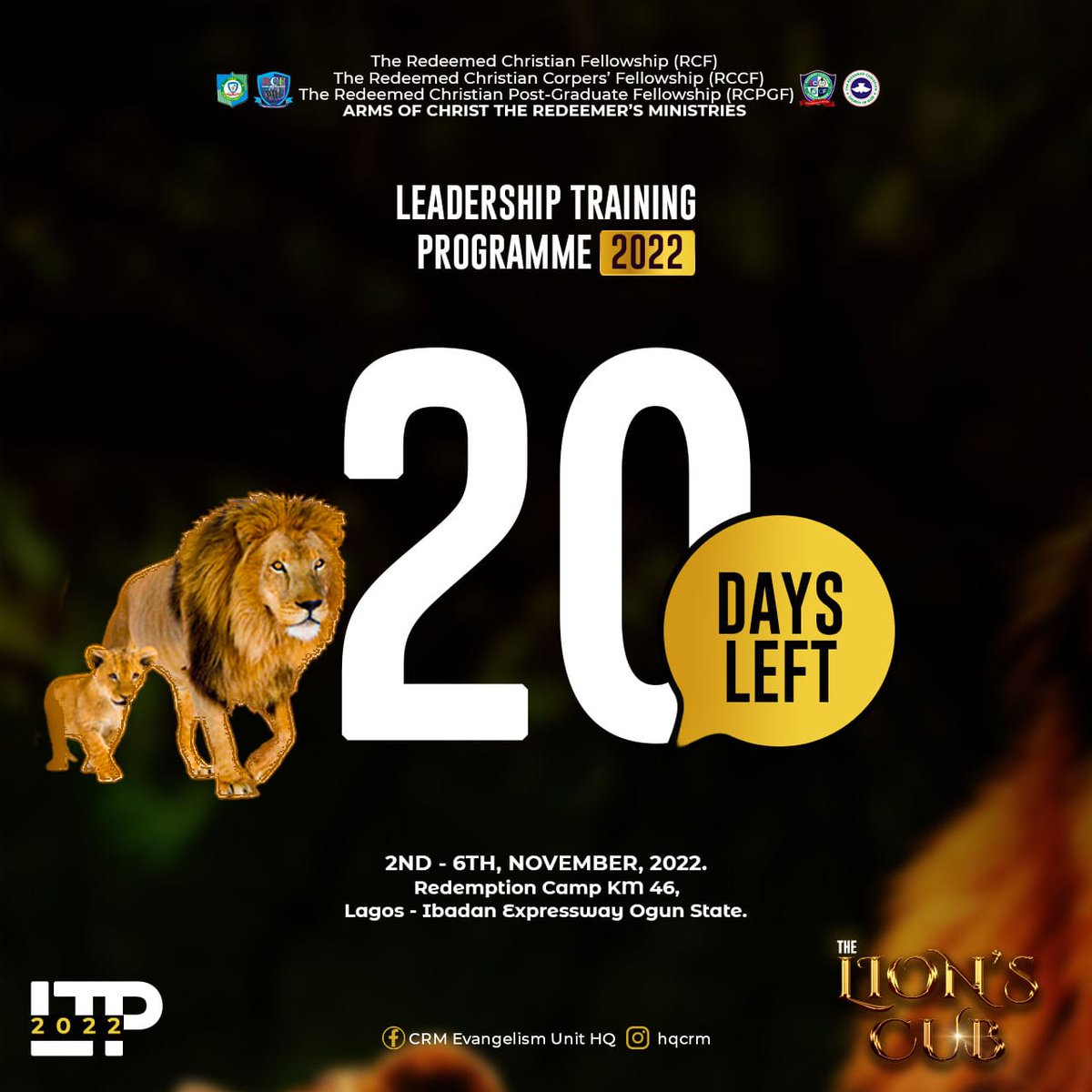 crm_ltp's tweet photo. One spectacular nature of Lions is how they announce their presence.
As cubs, we can’t but tell the world how excited we are about what’s set to happen in 20 days time.
Let the Army Roar🔥🔥!
#rcf #rccf #rcgf
#lionscub
#ltp22 #crmofficial https://t.co/O0af5dfjIM