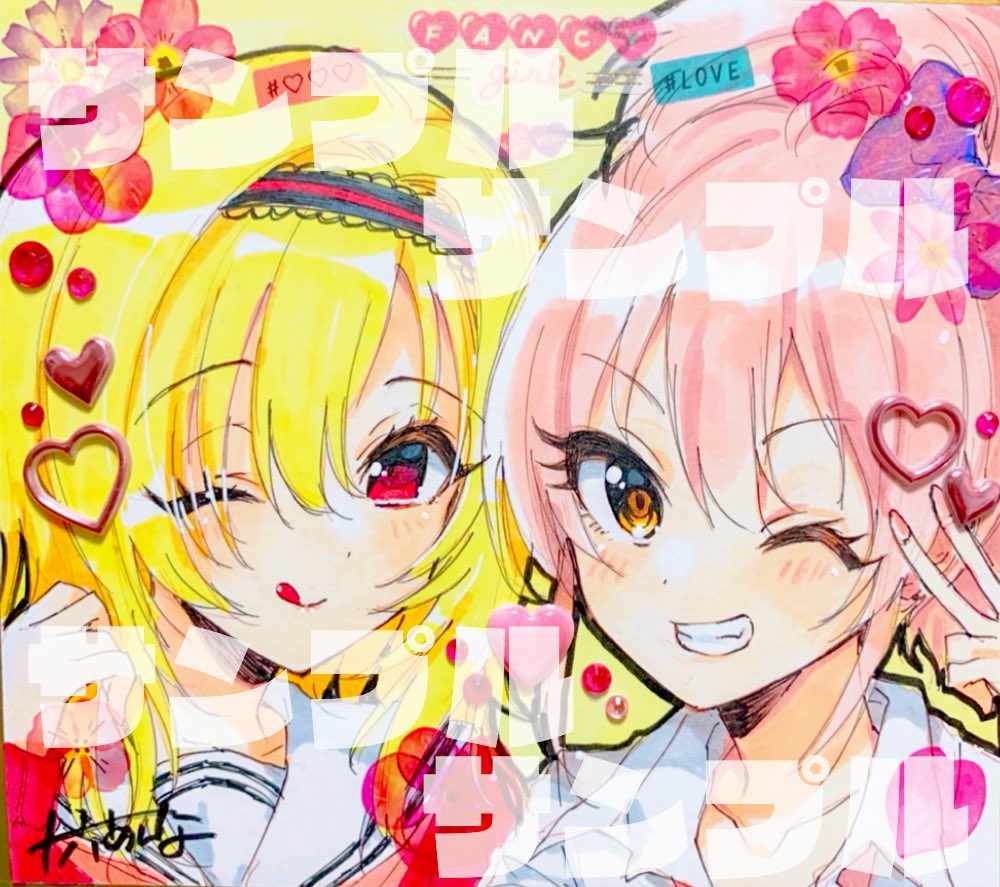 jougasaki mika multiple girls 2girls blonde hair one eye closed pink hair smile red eyes  illustration images