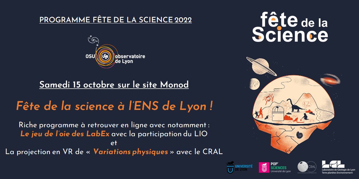 obslyon's tweet photo. 🧪 #FDS2022
Samedi 15/10, venez fêter la science en famille ou entre amis à l'@ENSdeLyon ! Vous pourrez notamment y retrouver le jeu de l'oie des Labex (avec le #LabexLIO) et les films en VR « Variations physiques » avec le #CRAL ! Inscription :
➡️ https://t.co/8tWe20nN9e https://t.co/Lyu157BGk4