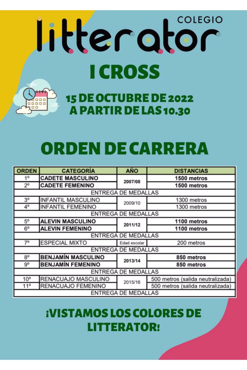 🔊INFO📣 
🏃‍♀️🏃🏼‍♂️🥇🥉

✅sábado 15 de octubre
✅instalaciones del colegio apóstol Santiago
✅1ªjornada de Cross escolar 22/23.

Animamos a todos nuestros alumnos a participar en el I Cross vistiendo nuestros colores.

🙌🏻👏🏻🏃‍♀️🏃🏼‍♂️

#colegiolitterator 
#fomentoactividadfísica