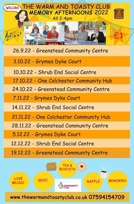Agewelleast's tweet photo. Sharing for our friends at @WarmToastyClub in Colchester. Do join them at their memory afternoons if you can. https://t.co/iF3ORuaRza