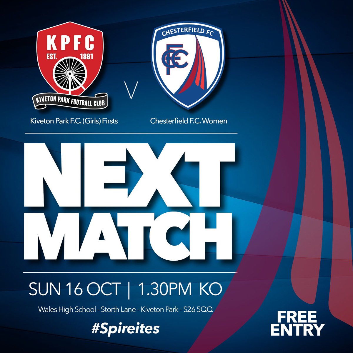 After no fixture last week, we look ahead to our first game on the road ⚽️

📆16/10/22 
⏰13:30 KO
🏟 Wales High School, Kiveton Park 
📍S26 5QQ
💷 Free entry 

C’mon #Spireites👏
<a href="/ChesterfieldFC/">Chesterfield FC</a>