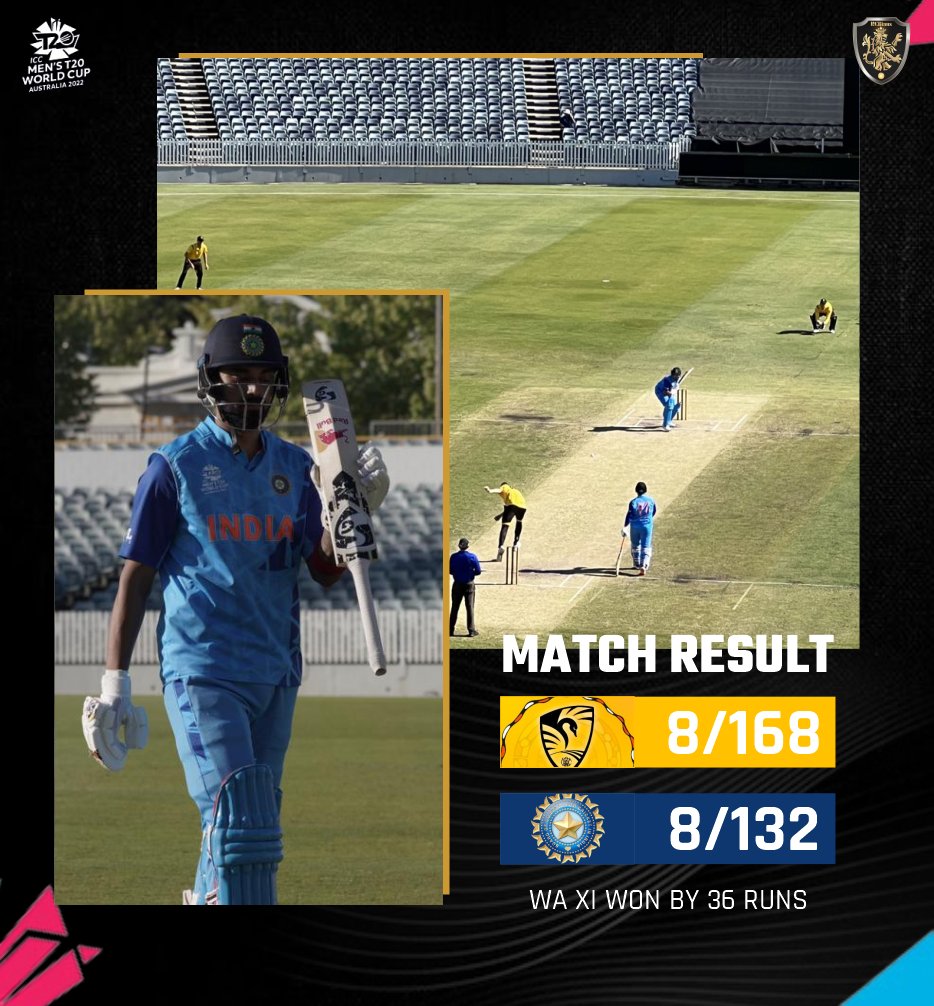 RcbianOfficial's tweet photo. That's that from WACA for #TeamIndia
They win by 36 runs in 2nd unofficial Practice game! Stand in Captain #KLRahul's fifty goes into vain.
#INDvWAXI #INDvWA #INDvsWA #CricketTwitter https://t.co/AEOvz2s7ws