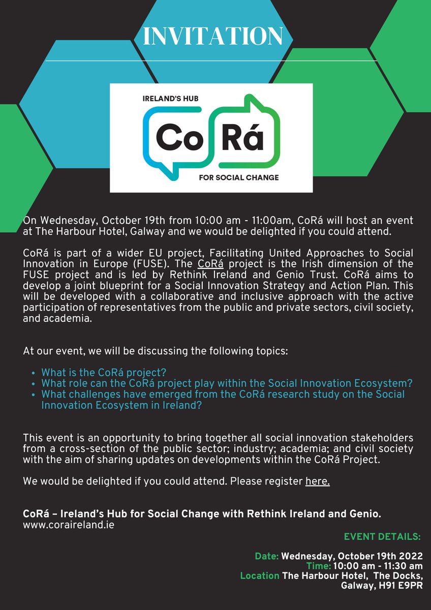 CoraIrelandsHub's tweet photo. Wednesday, October 19th we will be hosting a CoRá Network &amp; Information Event in Galway.
We will be discussing the CoRá project and the challenges of the Social Innovation Ecosystem in Ireland. 
Register here https://t.co/jkYLxT5SC3 &amp; share widely! https://t.co/xEVLsRFziO