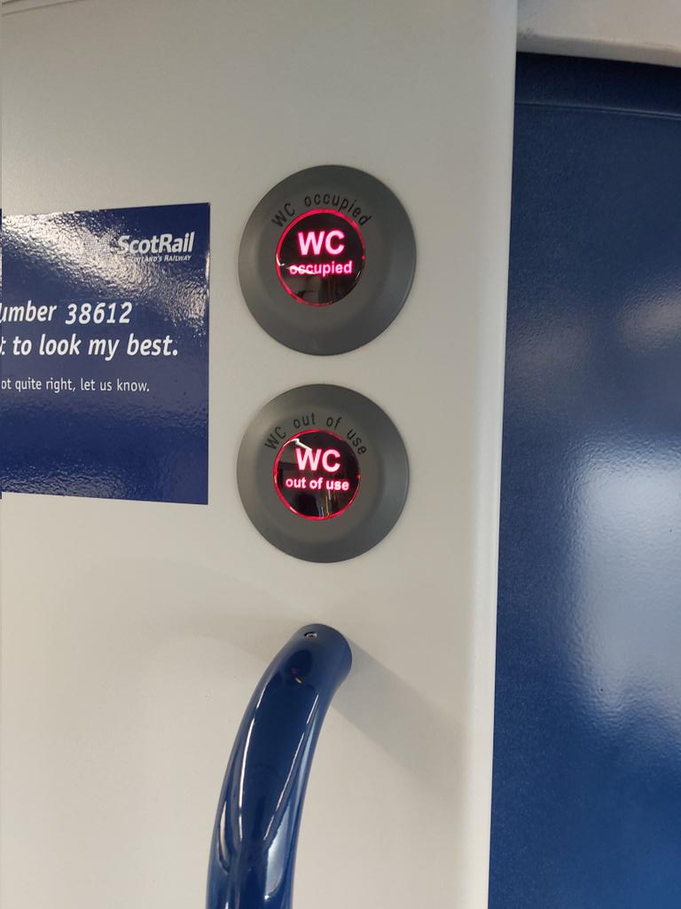 ei7jc's tweet photo. @ScotRail @ScotRail Toilet not operational on the 9.53 service Largs to Glasgow  Central. Tough luck if one has a medical condition. https://t.co/RPmgLBsiOh