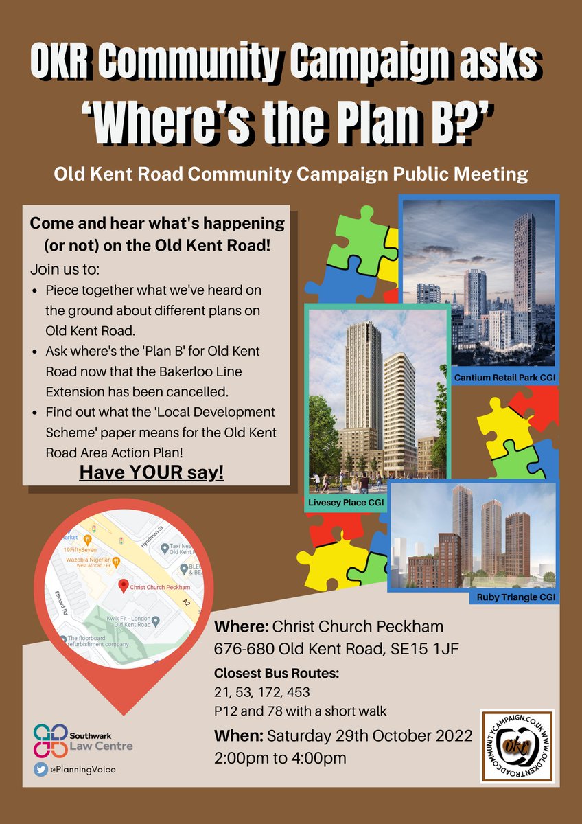 Plans for Old Kent Road (OKR) are changing! Join us and OKR Community Campaign for a public meeting to piece together what we are hearing on the ground and to gather updates on the OKR Area Action Plan! Where: Christ Church Peckham, SE15 1JF When: 29th October, 2:00pm to 4:00pm