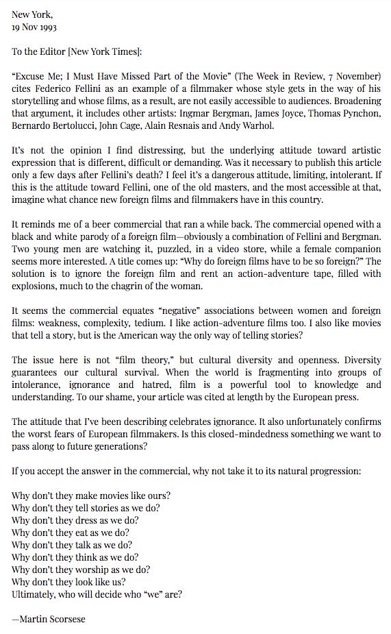 29 years ago, the @nytimes published an article criticising Federico Fellini and some other foreign language films, calling them 'hard work'. MARTIN SCORSESE sent this incredible letter in response.