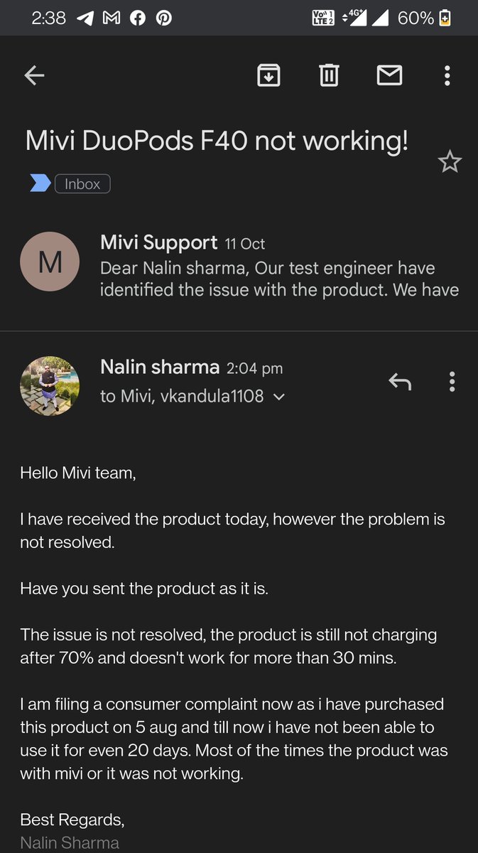 nalin1993's tweet photo. @Mivi_Official @midhulad i hope you see this message, ticket number 1838478 / with this i will be filing a consumer complaint for not being able to use the product and the product is still in warranty, do read the content in email @BandBajaateRaho https://t.co/Bbfr7oLbgt