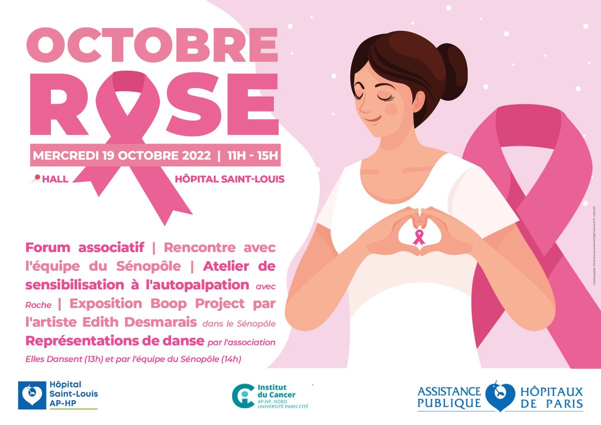 [#OctobreRose] Les équipes de @HopSaintLouis @APHP se mobilisent autour du #CancerSein💗 RDV le 19 octobre pour une rencontre avec les professionnels du Senopôle, un forum associatif, des démonstrations sur l’autopalpation, de la danse ainsi que l'exposition @BoopProject ! 😍