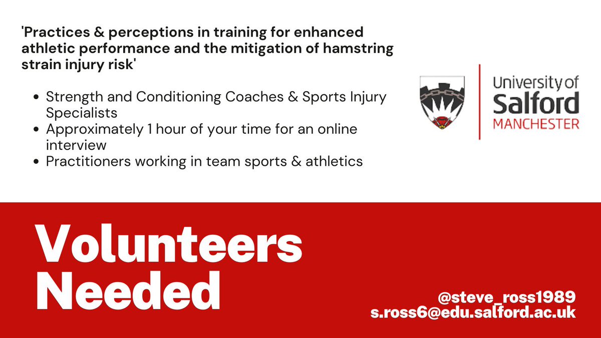 Steve Ross (@steve_ross1989) on Twitter photo I’m recruiting 🏋🏿S&C coaches🏋🏻and🤕injury specialists🤕 to take part in an online 🎙interview🎙to discuss approaches to training for ⬇️hamstring injury risk and ⬆️ athletic performance. Drop me a line if you’re interested. RTs welcome! <a href="/ForcePlateCoach/">Dr John McMahon</a> <a href="/PaulComfort1975/">Professor Paul Comfort</a> I’m recruiting 🏋🏿S&C coaches🏋🏻and🤕injury specialists🤕 to take part in an online 🎙interview🎙to discuss approaches to training for ⬇️hamstring injury risk and ⬆️ athletic performance. Drop me a line if you’re interested. RTs welcome! <a href="/ForcePlateCoach/">Dr John McMahon</a> <a href="/PaulComfort1975/">Professor Paul Comfort</a>