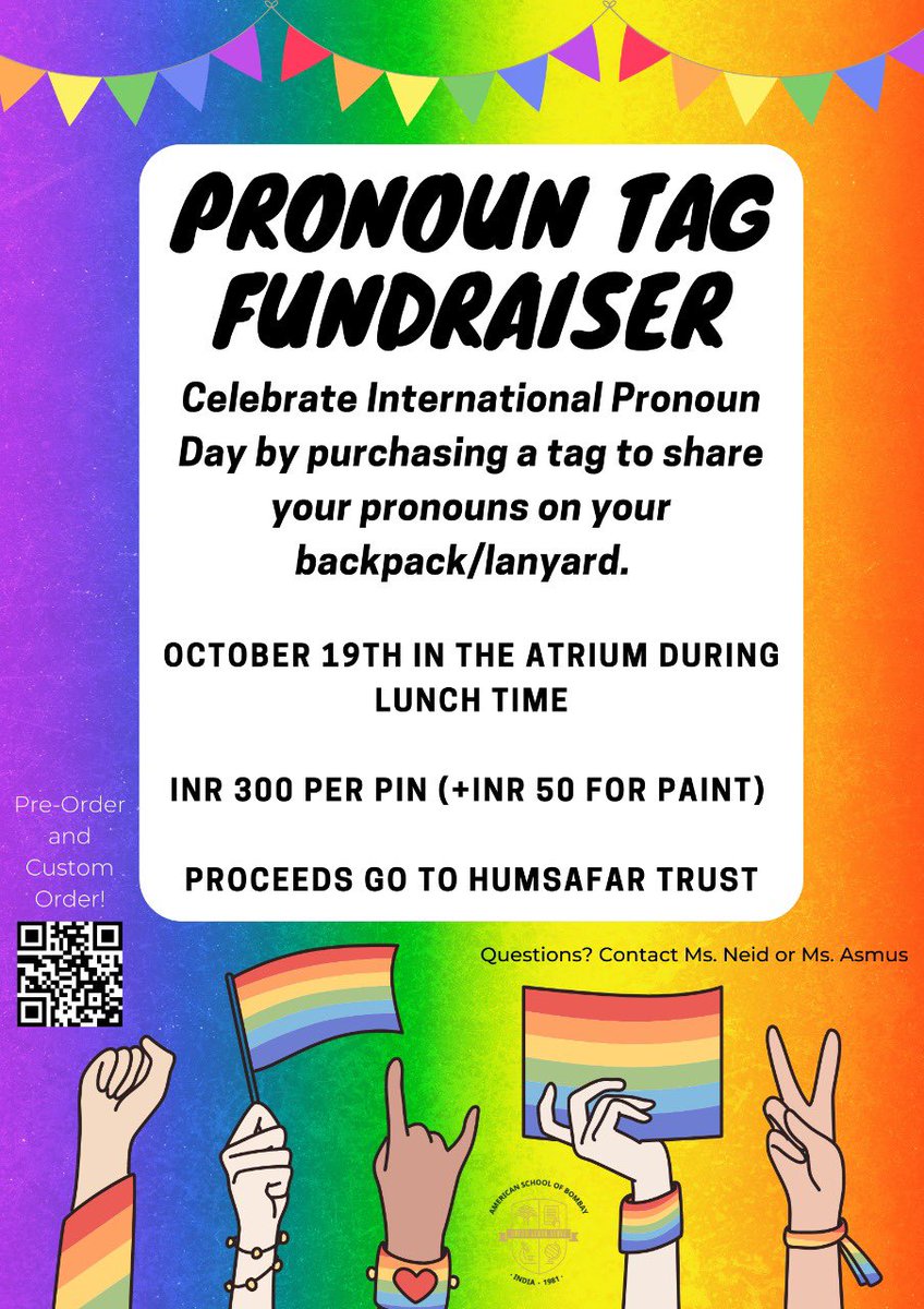 Our #asbindia QSA is having a pronoun tag fundraiser to celebrate international #pronoun day! Spread awareness of the importance of sharing and respecting everyone’s preferred pronouns rather than marking assumptions. #pride #LGBTQIA #asbms #asbhs 🌈