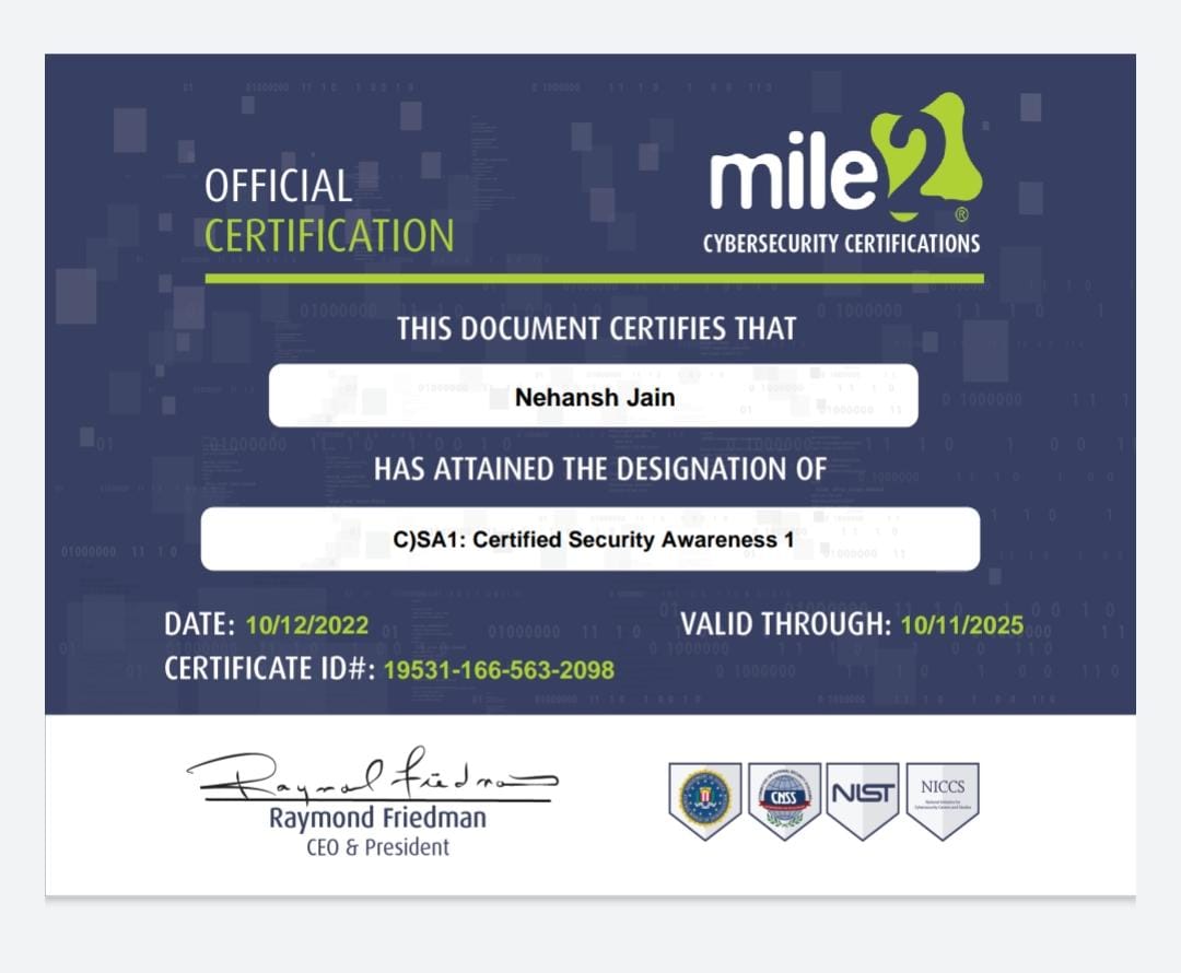 InfoTechradix's tweet photo. Congratulation for achieve a cyber security awareness certificate..
#mile2 #Cybersecurity #CybersecurityAwarenessMonth #CyberSecurityMonth #techradix #varachha #yogichowk https://t.co/54sIJBmaP1