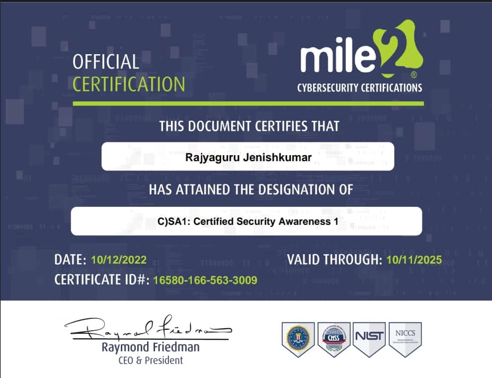 InfoTechradix's tweet photo. Congratulation for achieve a cyber security awareness certificate..
#mile2 #Cybersecurity #CybersecurityAwarenessMonth #CyberSecurityMonth #techradix #varachha #yogichowk https://t.co/54sIJBmaP1