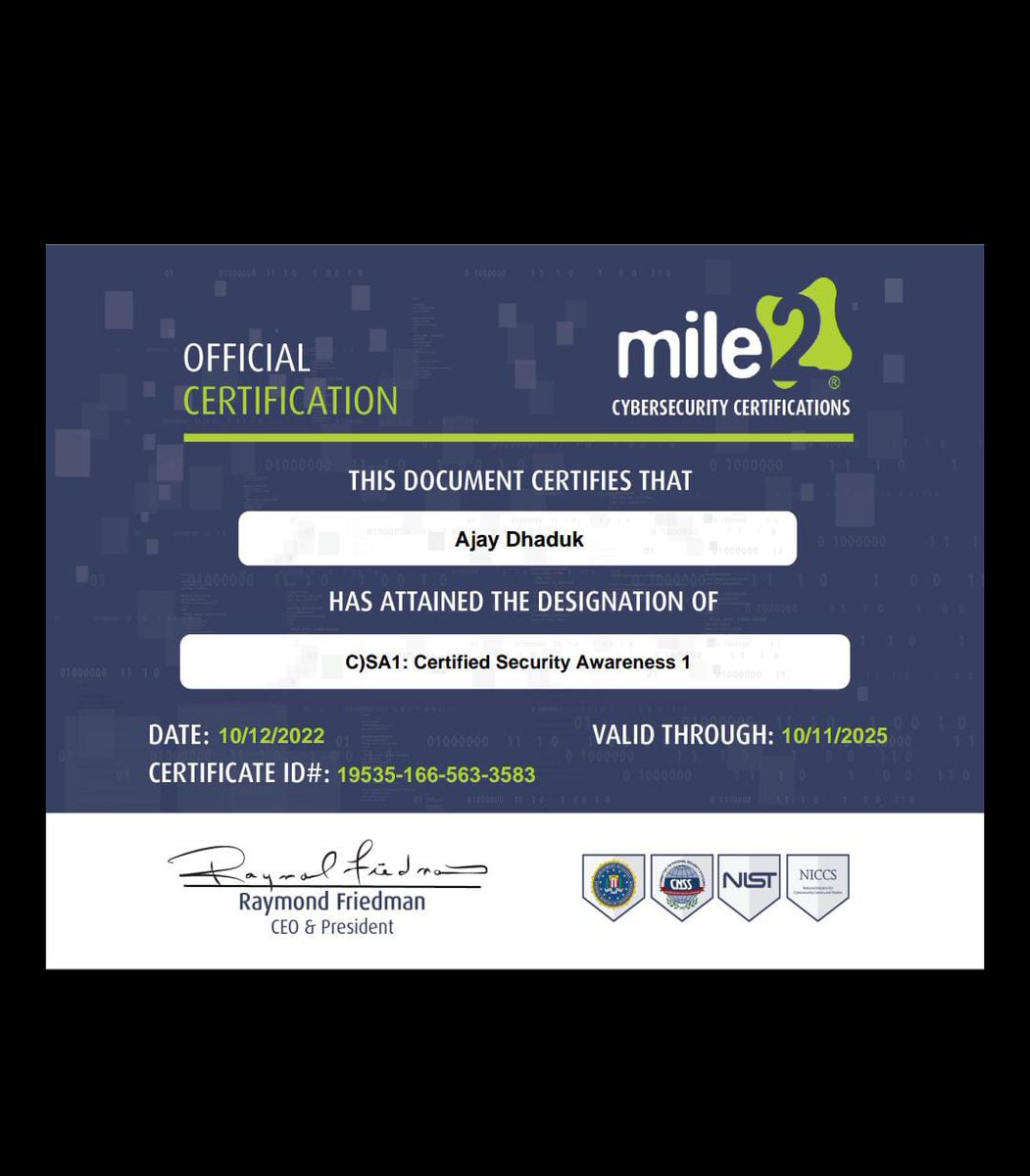 InfoTechradix's tweet photo. Congratulation for achieve a cyber security awareness certificate..
#mile2 #Cybersecurity #CybersecurityAwarenessMonth #CyberSecurityMonth #techradix #varachha #yogichowk https://t.co/54sIJBmaP1