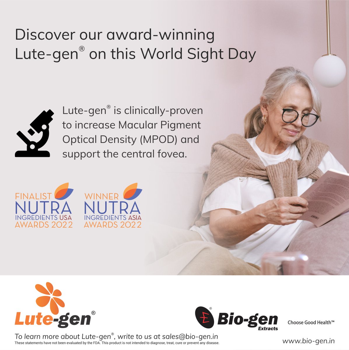 BiogenExtracts's tweet photo. On this World Sight Day, let us help people truly ‘Love Their Eyes’ by embracing clinically-proven solutions for visual health

Support your consumer’s visual health with Lute-gen®, write to saleas@bio-gen.in today!

#biogenextracts #lutein #lutegen #worldsightday https://t.co/e7Aig4vYRw