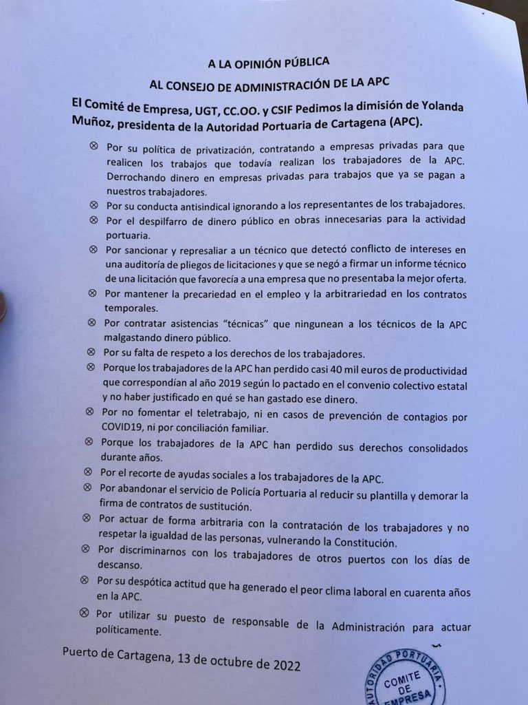 ComiteEmpApc's tweet photo. El @ComiteEmpApc solicita la dimisión la presidenta del @PuertodeCtg @YolandaMAPC1 en el consejo de administración celebrado hoy. https://t.co/pQhlk3nzem