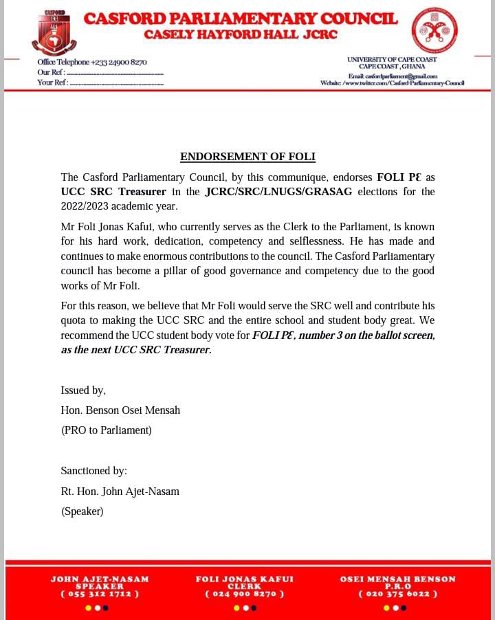CasParliament's tweet photo. The Casford Parliamentary Council endorses Foli P3 @foli_jonas as the next Treasurer for @src_ucc .
#TheActionPlan
#UccDecides https://t.co/TtyVyvgbFK