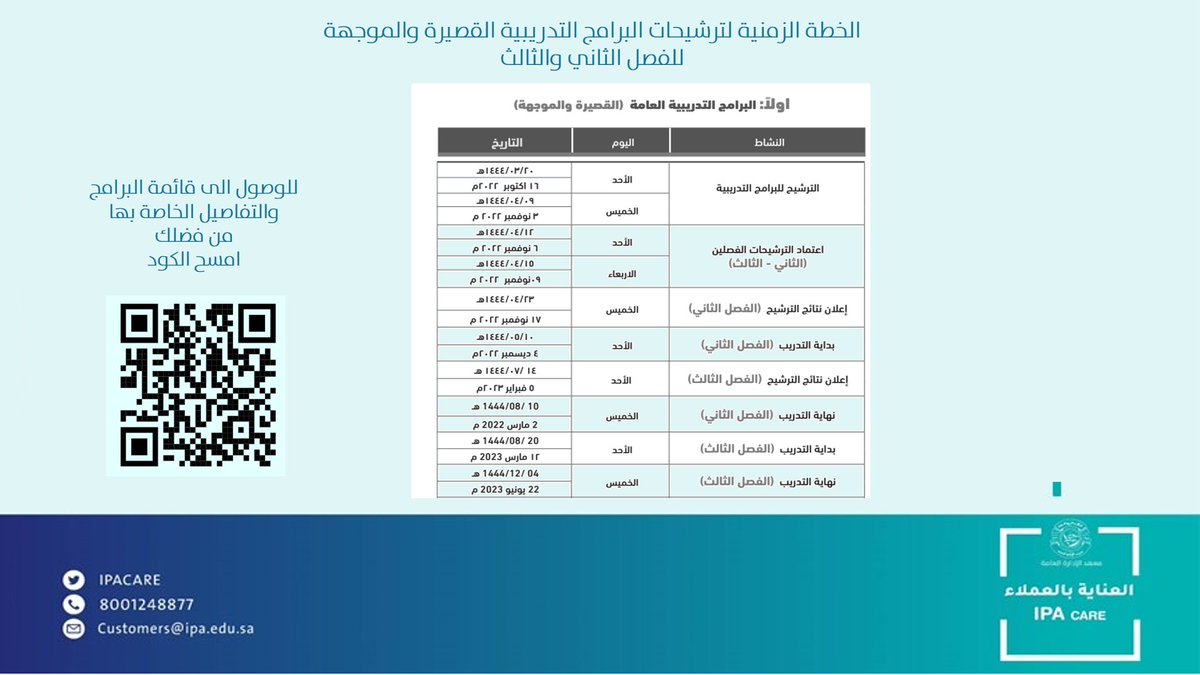 IPACARE's tweet photo. عملاء  #معهد_الادارة_العامة 
يومكم سعيد 
مرفق لكم الخطة الزمنيةوالتنفيذية للبرامج التدريبية القصيرة والموجهة للفصل الثاني والثالث للعام 1444هـ للترشيح من جهة العمل.
-للوصول الى تفاصيل البرامج يمكن مسح الكود او زيارة الرابط التالي :
https://t.co/2122UCD4A4
نعتز بخدمتكم https://t.co/NDtWALvSXH