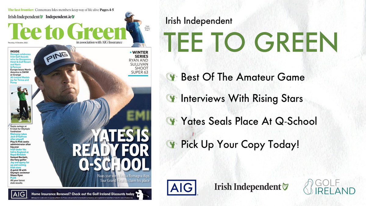 AIG Ireland (@aigireland) on Twitter photo Tee To Green in partnership with AIG, is back today with all the news, features and competition updates around Irish amateur golf.
Pick up your copy in today's <a href="/Independent_ie/">Irish Independent</a>!
#EffortIsEqual #ForTimesLikeThese <a href="/GolfIreland_/">Golf Ireland</a> Tee To Green in partnership with AIG, is back today with all the news, features and competition updates around Irish amateur golf.
Pick up your copy in today's <a href="/Independent_ie/">Irish Independent</a>!
#EffortIsEqual #ForTimesLikeThese <a href="/GolfIreland_/">Golf Ireland</a>