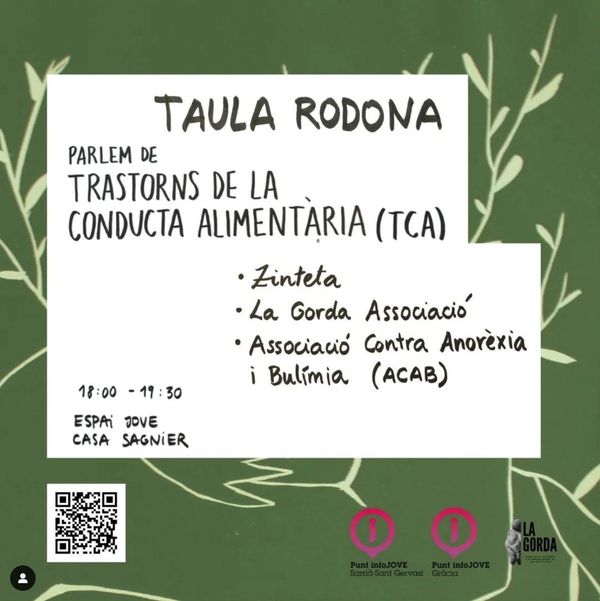 AcabCatalunya's tweet photo. Des d'una experiència pròpia al valor de la prevenció, parlarem del que importa al voltant dels TCA. 
Amb la participació de ACAB.
El proper 26 d'octubre a Espai Jove Casa Sagnier, de 18.00h a 19.30h
Inscriu-te!
#anorexia #bulimia #TCA #salutmental #saludmental #taularodona https://t.co/CitpYEusMD