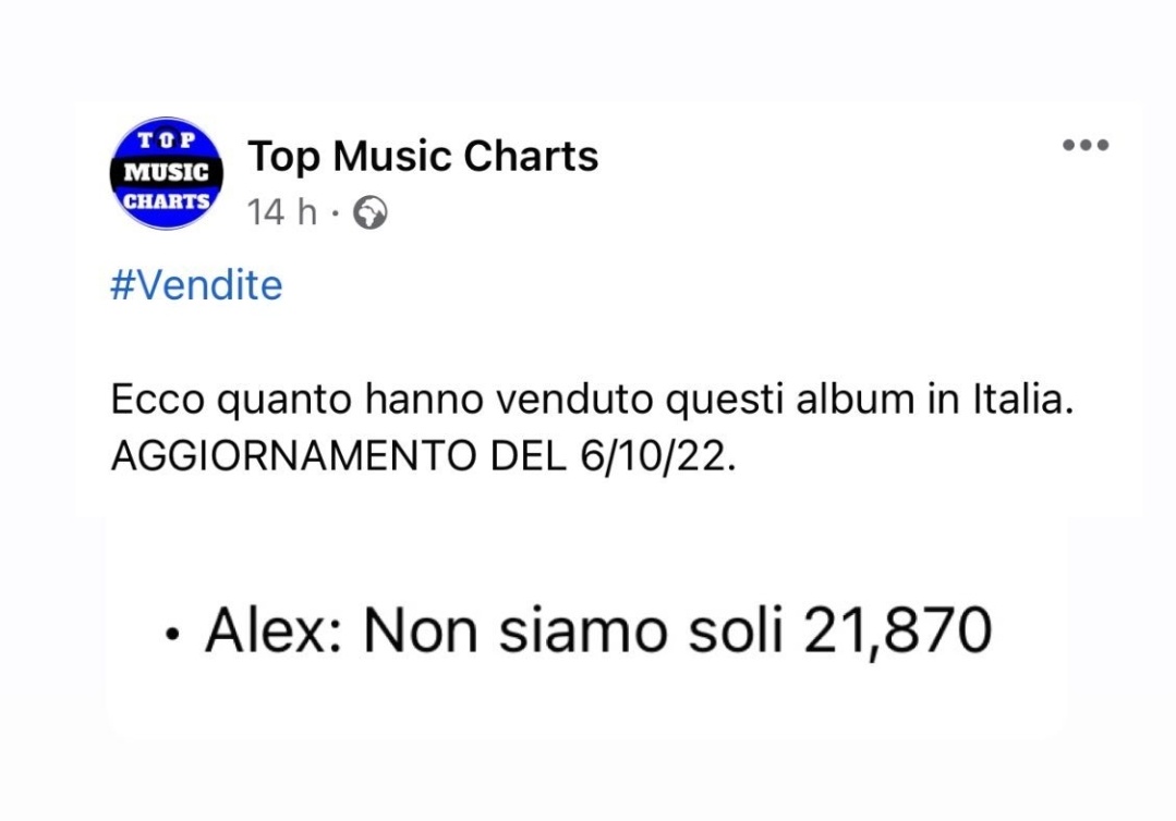 Queste le stime di #TopMusicCharts secondo cui mancherebbero invece esattamente 3130 copie. L'obiettivo quindi risulta ancora più vicino.
Che questo ci motivi ancora di più!📀💪🏼

#alexwyse #nonsiamosoli #nonsiamosoliORO #roadtogold #amici21 #amici22