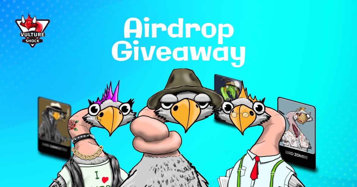 To celebrate our launch, we bring you VultureShock USDT &amp; NFT Airdrop Giveaway! 🥳

Prize Pool:

Referral: $2100 total + 100 NFTs as referral prize
Raffle: 100 Lucky winners of $5 each
Airdrop Link: gleam.io/SHSKR/vulture-…

- Complete all tasks to win
#NFT #AirDrop #Giveaway