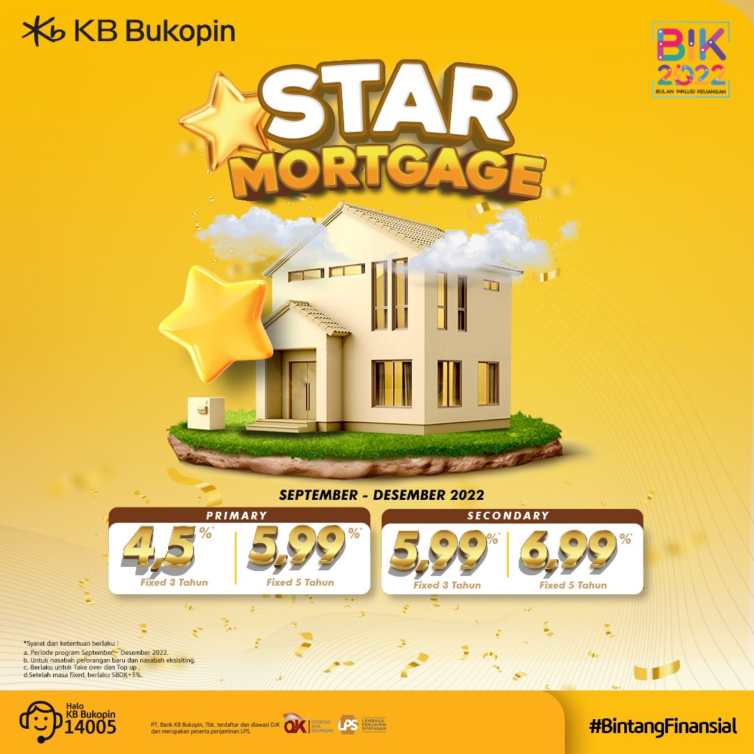 kbbank_id's tweet photo. Sahabat KB Bukopin, wujudkan mimpi memiliki rumah idamanmu dengan program Star Mortgage KB Bukopin.
Dengan suku bunga mulai dari 4,5% fixed selama 3 tahun, kamu bisa rasakan kemudahan proses menuju hunian impian. https://t.co/z1LUPcIMZO