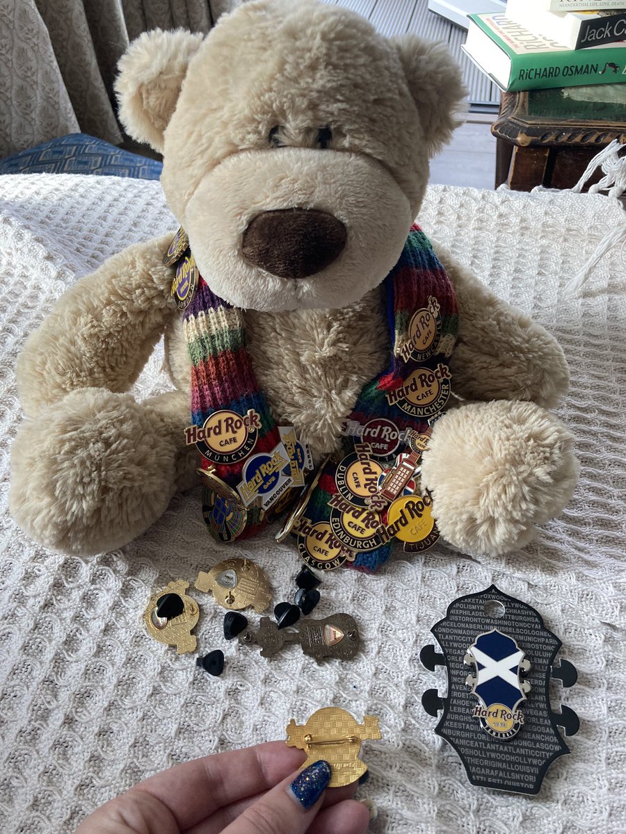 Dear <a href="/HardRock/">Hard Rock Cafe</a> please can you go back to brooch-type pins rather than sticks with rubber ends? They don’t stay on so well! Very frustrating! My bear keeps complaining LOL 🤣🤩 PS your Rock Shop chap in Tenerife on Tuesday 11/10 was FAB! Really lovely! ⭐️⭐️⭐️🌟🌟 🏴󠁧󠁢󠁳󠁣󠁴󠁿🇪🇸