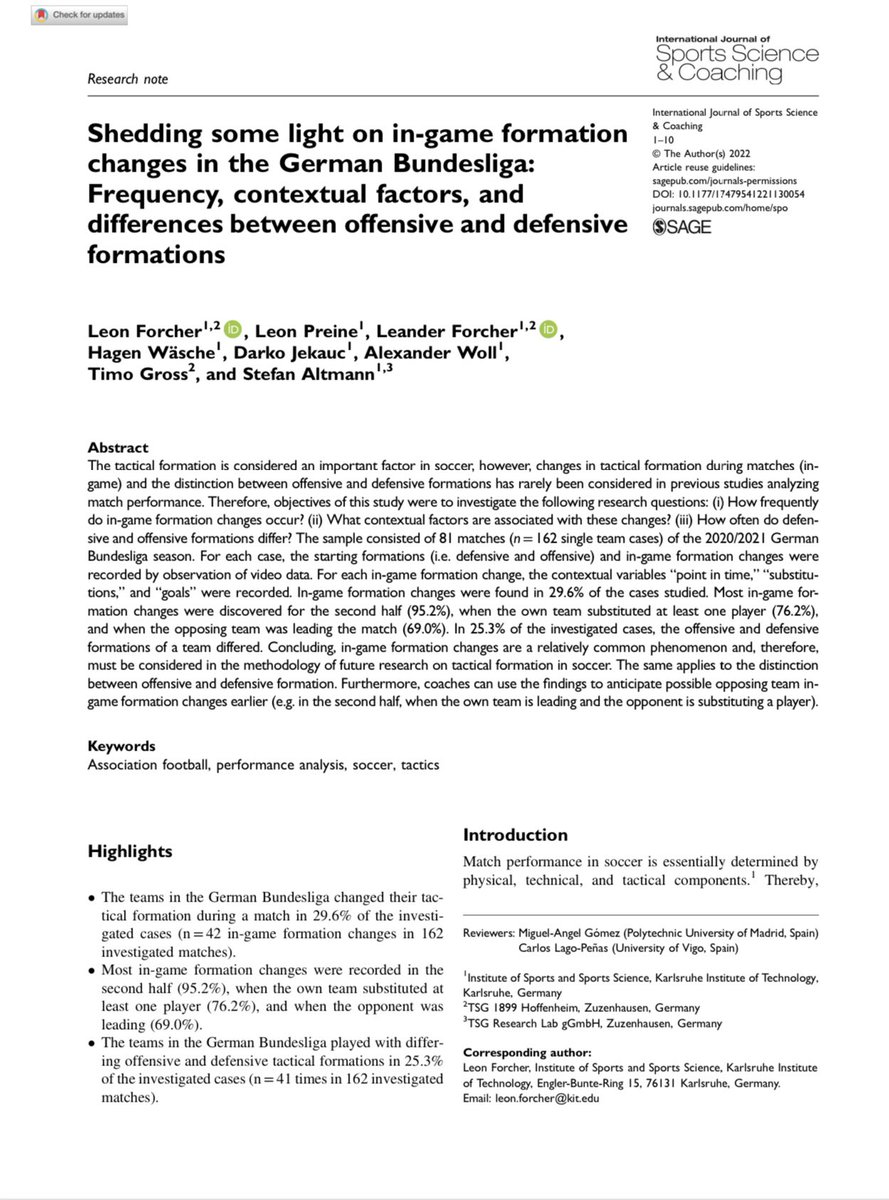 New publication in IJSSC ⚽️📖

  ♟️♟️♟️              ♟️♟️♟️♟️
♟️♟️♟️♟️   🔄   ♟️♟️♟️♟️
  ♟️♟️♟️                   ♟️♟️

When do in-game formation changes take place in soccer? 
➡️ in the second half 
➡️ with substitutions
➡️ when trailing

<a href="/leander_fo/">leander forcher</a> 
<a href="/StefanAltmann3/">Stefan Altmann</a>