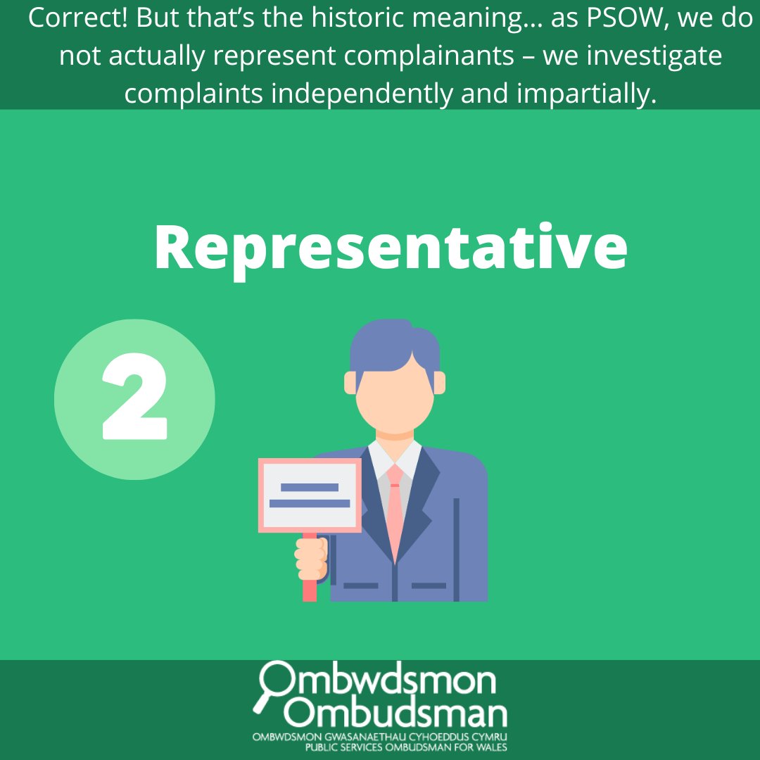 OmbudsmanWales's tweet photo. To celebrate #OmbudsDay, we have a quiz all about Ombudsman services for you! 

Question number 1 - Do you know what the word ‘Ombudsman’ actually means? 🤔 

Click on your answer below to find out! 👇 https://t.co/jrBngBJLeM